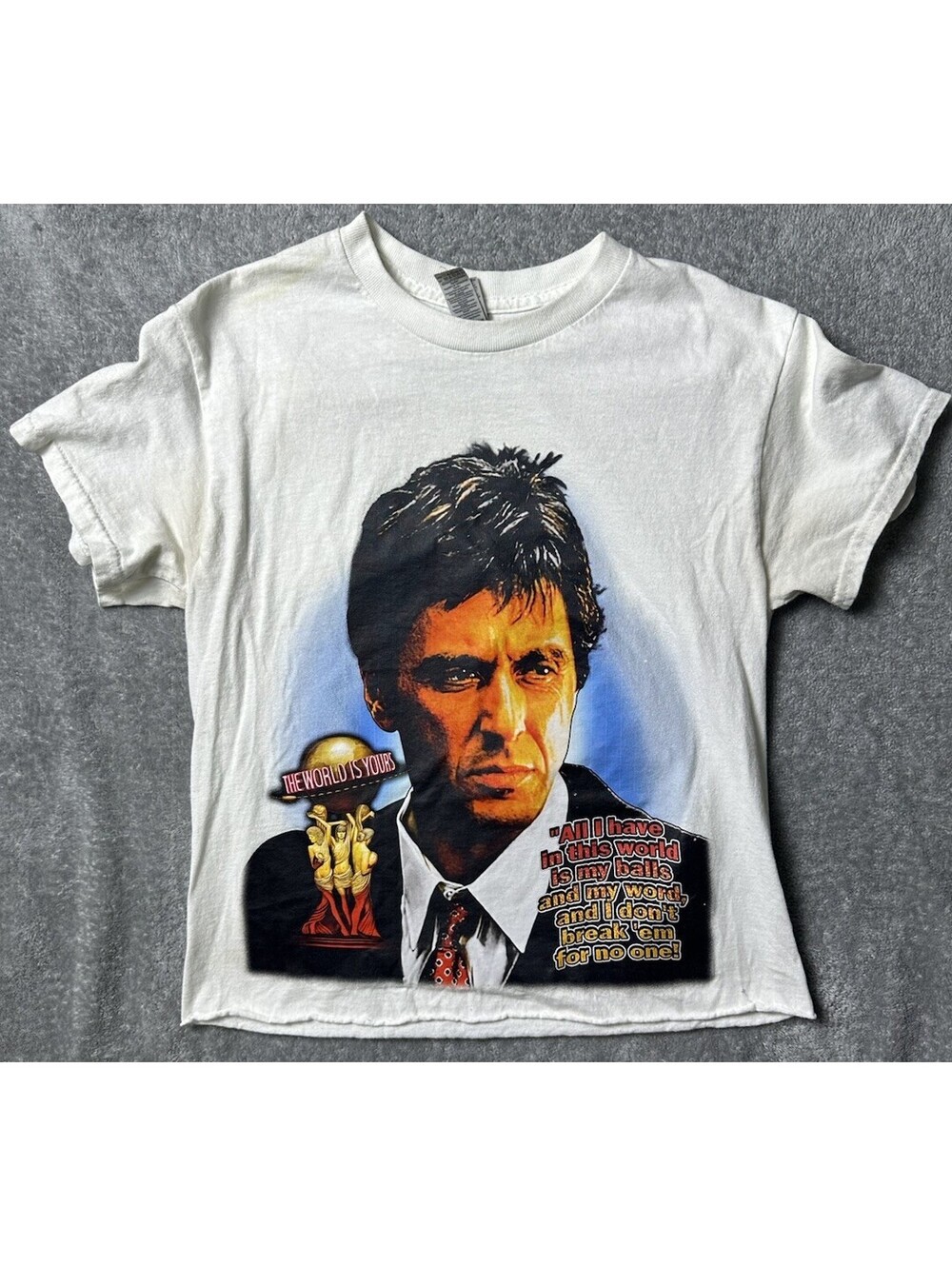Scarface Tony Montana Double Sided Graphic Crop Raw Hem Tee White Adult Small